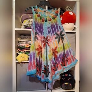 Boho Tie-Dye Palm Print Swing Dress - Multicolor